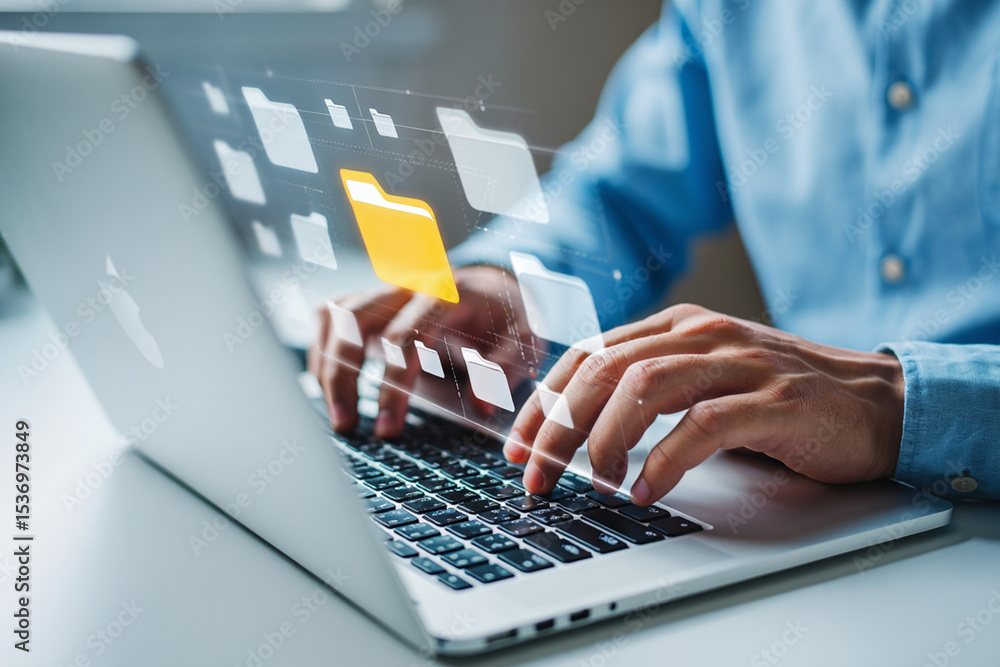 Aufkleber person using laptop with digital folder interface overlay