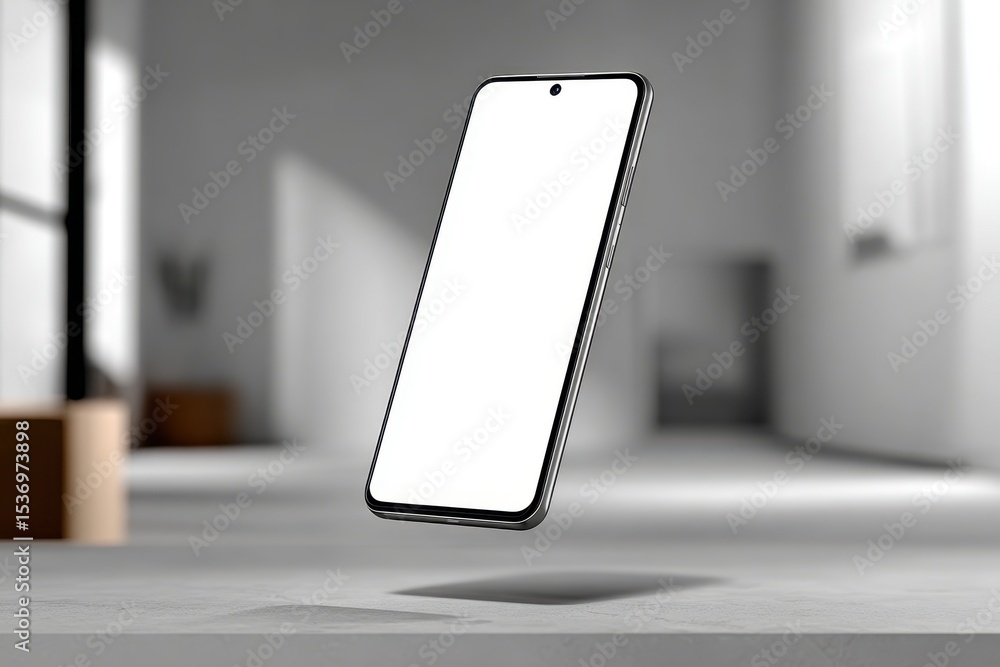 Poster a modern smartphone with a blank white screen floating in a minimalist room, showcasing its sleek de