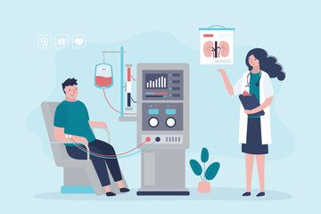 Sick man sitting in chair on hemodialysis therapy. Doctor woman controlling hemodialysis machine for treatment renal diseases failure.