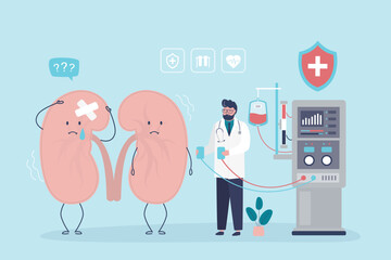 Sick kidneys, unhappy mascot character before hemodialysis therapy. Doctor with hemodialysis machine for treatment renal diseases failure.