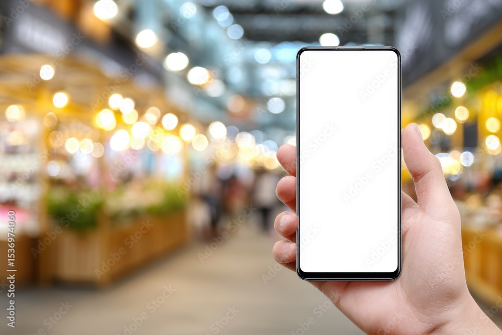 Poster a blank smartphone screen held in a hand at a vibrant indoor market setting with festive bokeh light