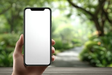 Hand holding a smartphone with blank screen, against a blurred garden background, for mock up. Display for advertising, app promotion and content marketing.
