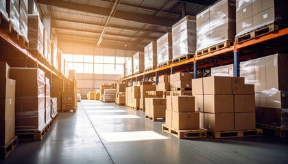 A spacious warehouse filled with stacked pallets and boxes, illuminated by natural sunlight streaming through large windows.