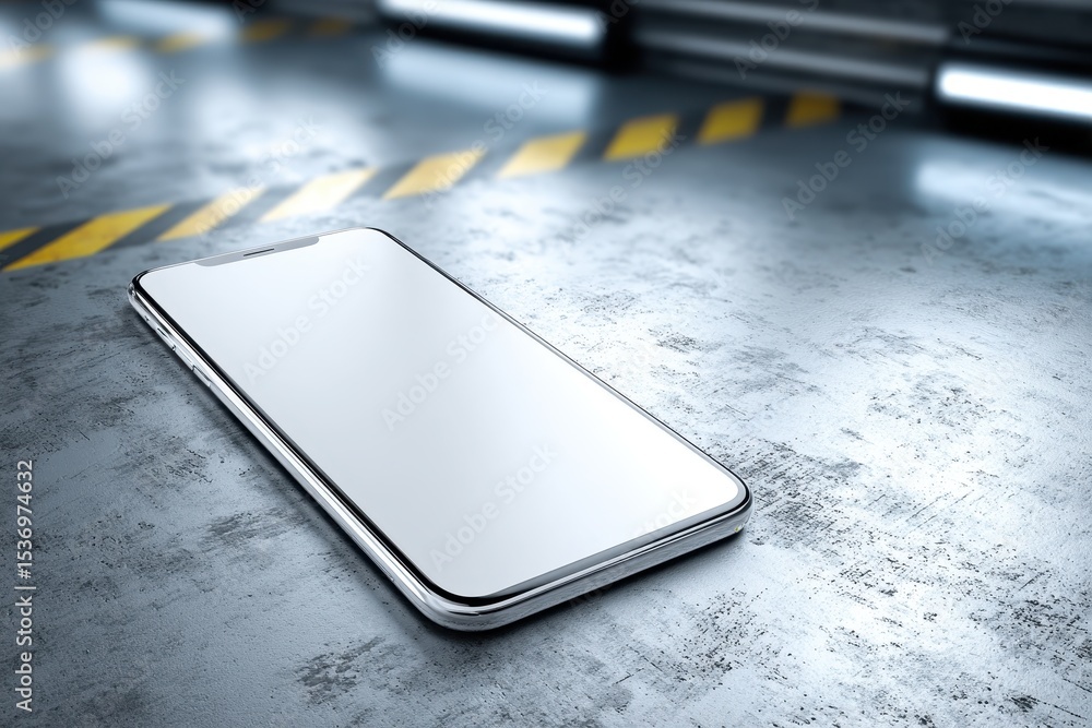 Poster a high-angle studio shot showcasing a blank modern smartphone on a textured surface, with an industr