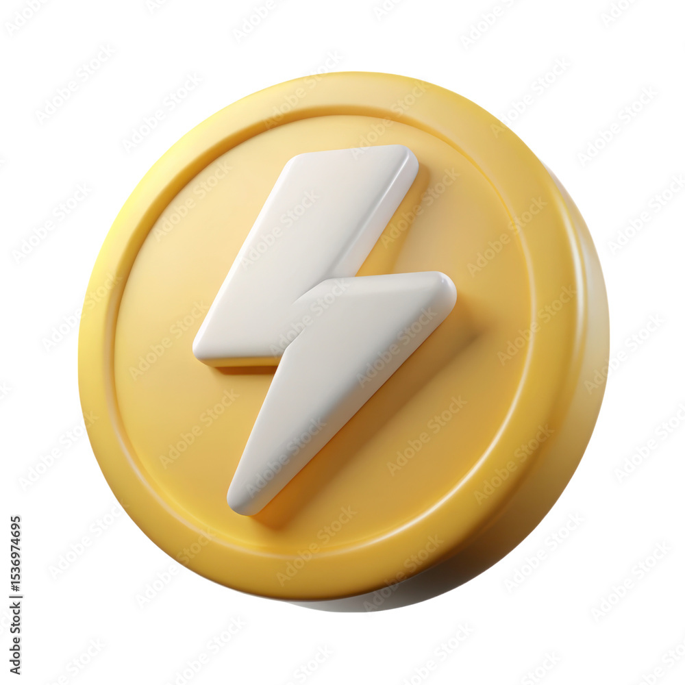 Poster yellow circle 3d rendering icon with white lightning bolt symbol isolated on a transparent backgroun