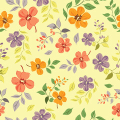 Seamless summer pattern with a playful flower shape and a yellow background.