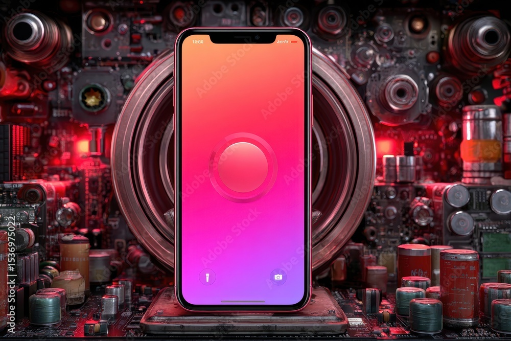 Poster an aesthetically captivating close-up of a modern smartphone with vibrant screen in a complex and fu