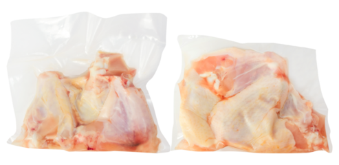 Isolated photo of vaccum packed chicken meat on white background.