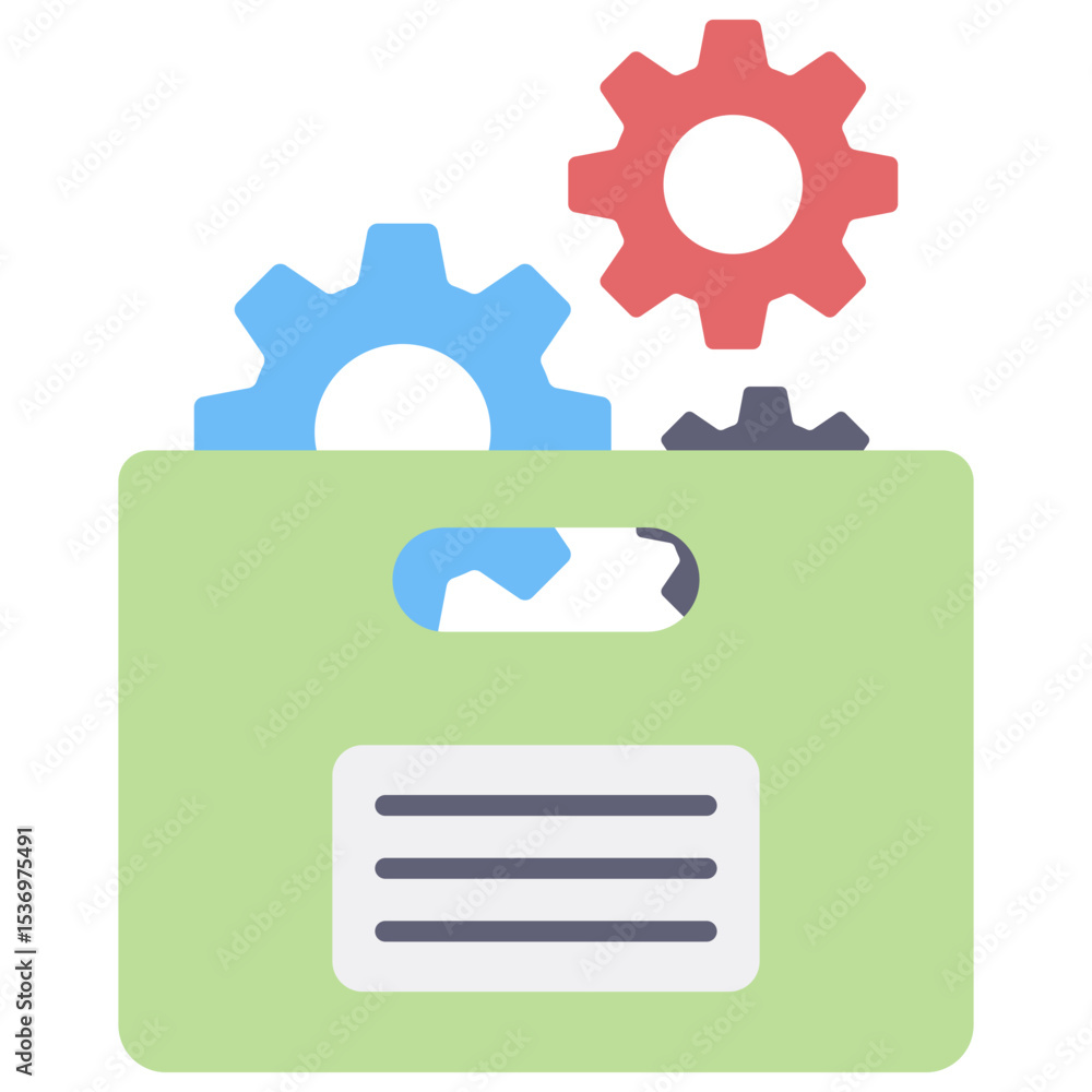 Poster efficient data organization icon green box with gears illustrating business process and system manag