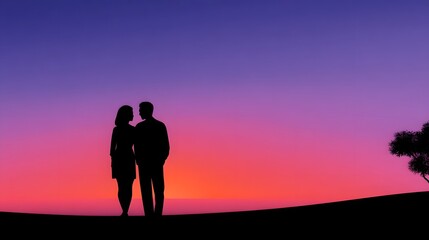 Silhouetted couple embracing against a vibrant sunset landscape