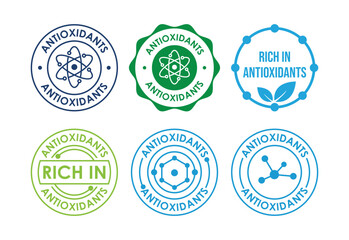 Rich in antioxidants icons set design. Antioxidant rich food label sign symbol