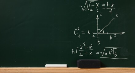 Mathematical equations on chalkboard in classroom setting