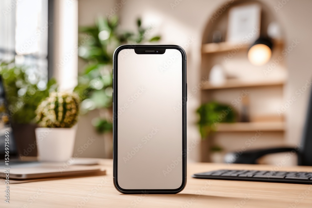 Poster a sleek smartphone with a blank screen is displayed on a wooden desk, offering a versatile mockup fo