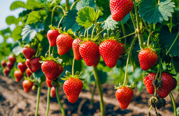 Bright Red Strawberries Growing Abundantly On Green Vines In Fertile Farmland Soil