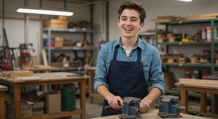Young man smiling while working in a woodworking shop
