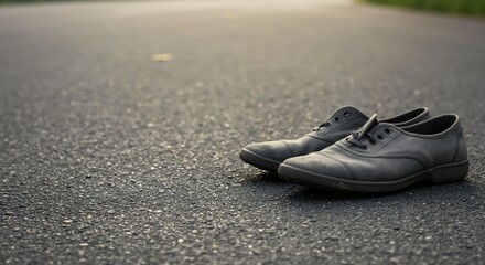 Black formal shoes placed on the asphalt road during sunset  
