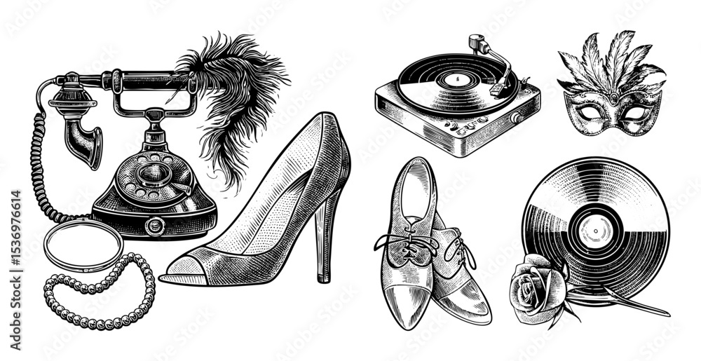 Poster vector vintage objects collection featuring a rotary phone high heel record player and masquerade ma