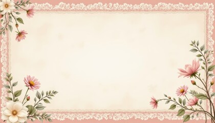 Vintage frame with delicate flowers and lace on a soft pink background for romantic decoration