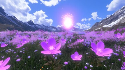 Fototapeta premium Vibrant Purple Flowers Meadow Mountain Landscape