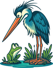 The frog and the crane in pond vector illustration
