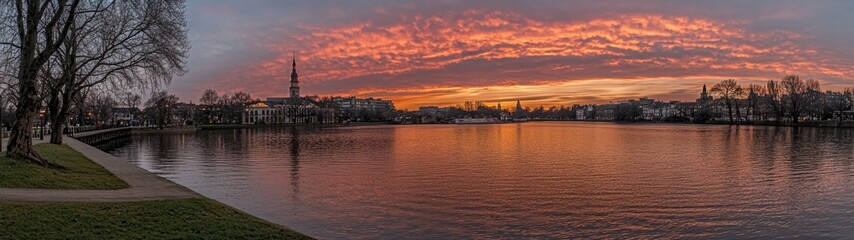 Ombre Sunset Over Tranquil Lake with Body of Water
