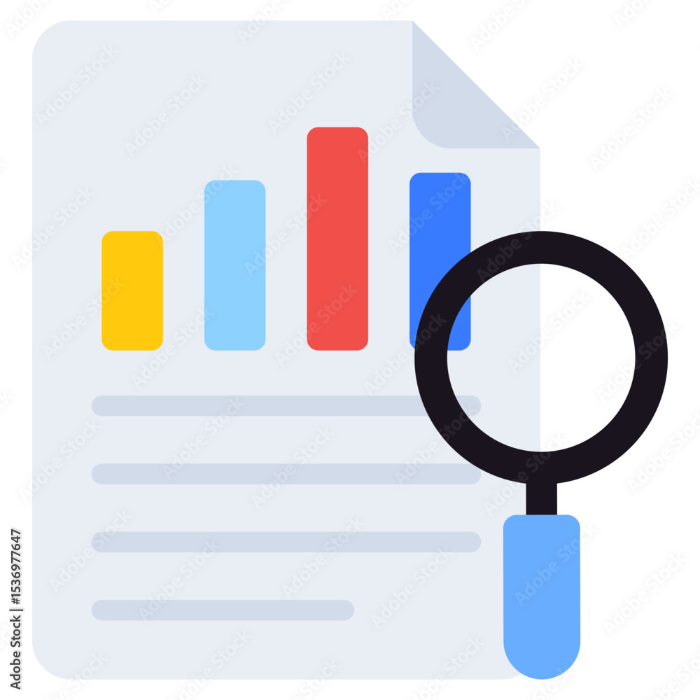 Aufkleber analyzing business data with magnifying glass inspecting bar graph report for growth and financial p
