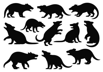 Set of Tasmanian devil silhouettes in various poses. isolated vector on white background.