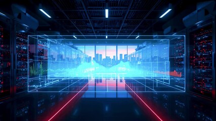 Futuristic data center with glowing holographic displays and city skyline at sunset in background - Powered by Adobe