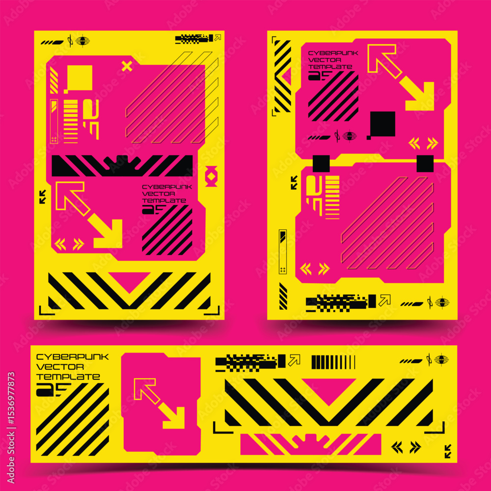 Poster y2k 2000s sci-fi cyberpunk gaming retro-futuristic layout poster banner template set dashboard hud f