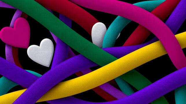 Abstract representation of intertwining colorful ribbons and hearts