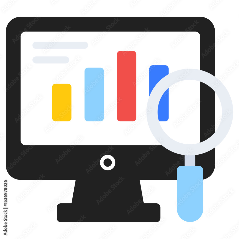 Poster computer screen with vibrant bar chart and magnifying glass representing digital data analysis and b