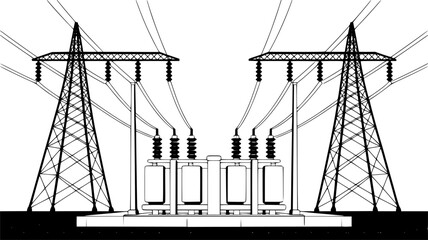 Vector illustration of a power grid with transmission towers and transformers.