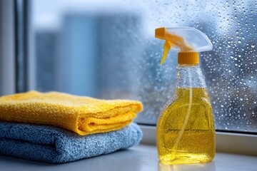 A focused shot showing cleaning supplies like a yellow spray bottle and folded towels arranged in front of a window covered with raindrops, suggesting indoor chores.