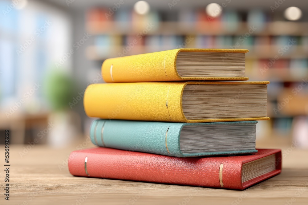 Poster a stack of colorful books resting on a wooden table, showcasing knowledge and learning against a blu