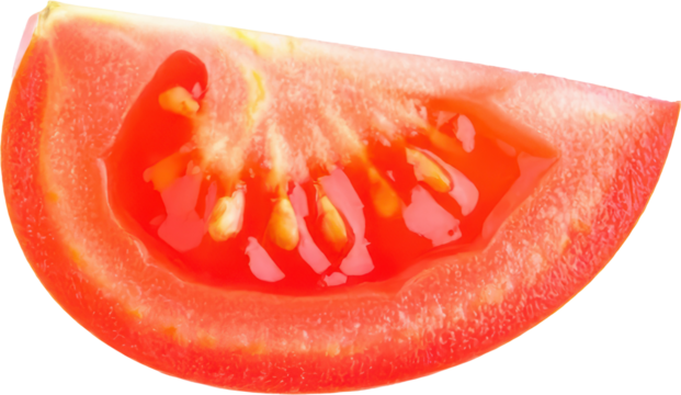 Close up image of a ripe red tomato slice showing seeds and juicy texture isolate