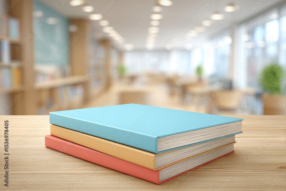 Poster a stack of three books with different colored covers, placed on a wooden table, with a blurred backg