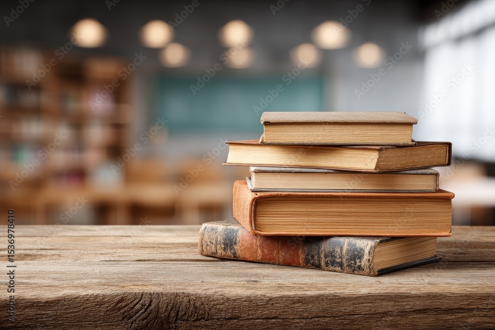 Poster a stack of vintage books rests on a rustic wooden table, creating a cozy and nostalgic atmosphere wi