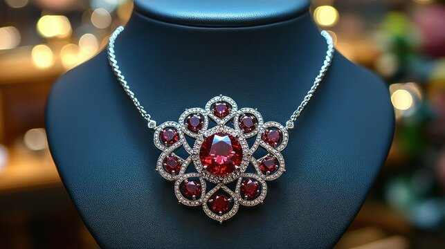 Elegant ruby and diamond necklace displayed on a black jewelry stand.