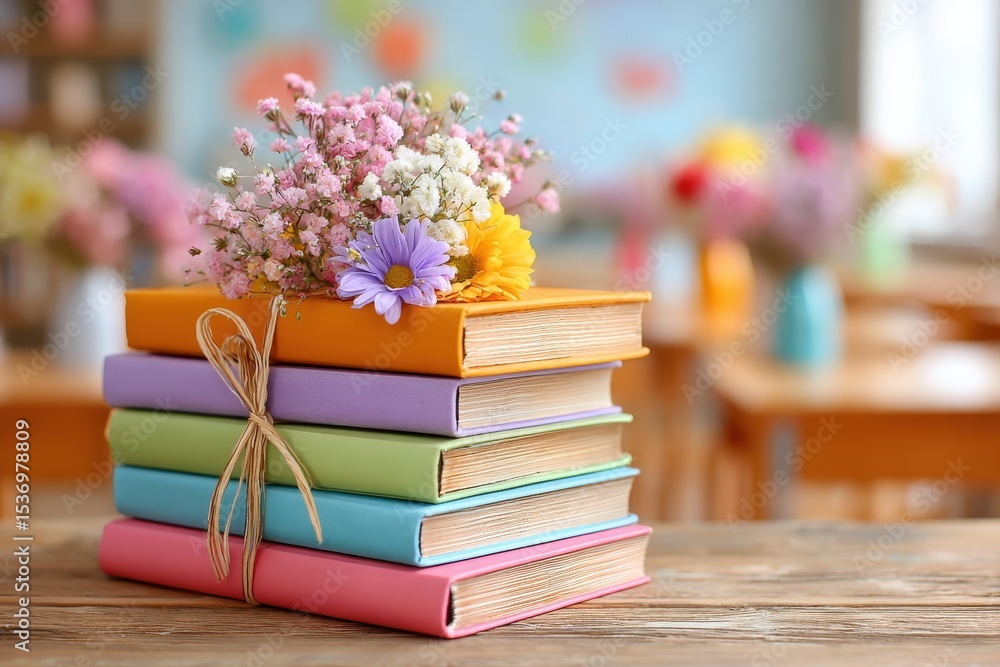 Poster stack of colorful books adorned with fresh flowers, set on a rustic wooden table, creating an inviti
