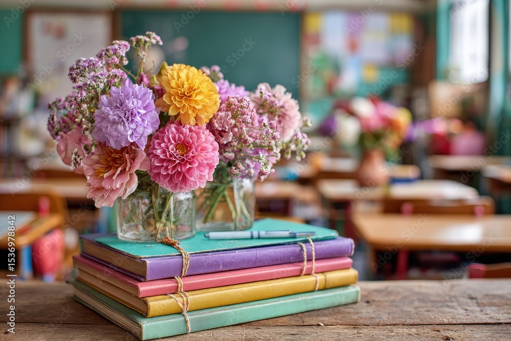 Poster a vibrant floral arrangement atop a stack of colorful books in a classroom setting, creating a warm 