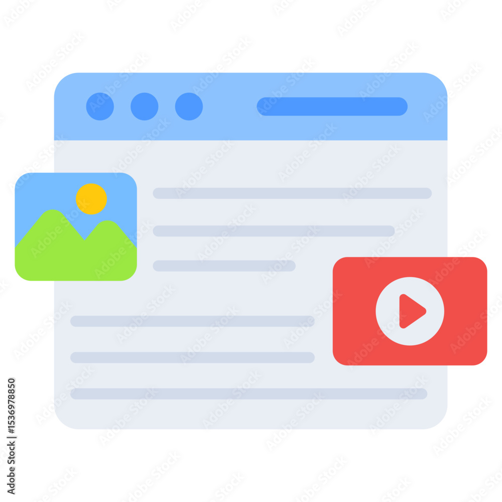 Poster modern flat icon of a web browser displaying diverse multimedia content including images and video f