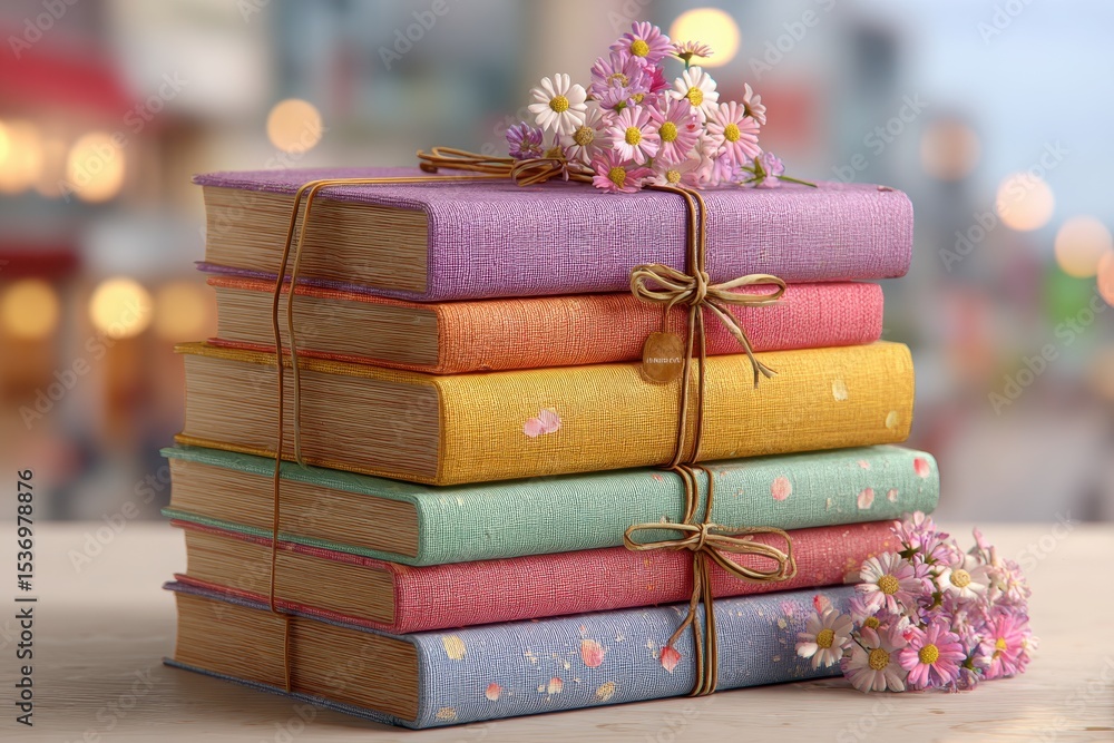 Poster a stack of colorful books with flowers, tied with string, providing a vibrant and aesthetically plea