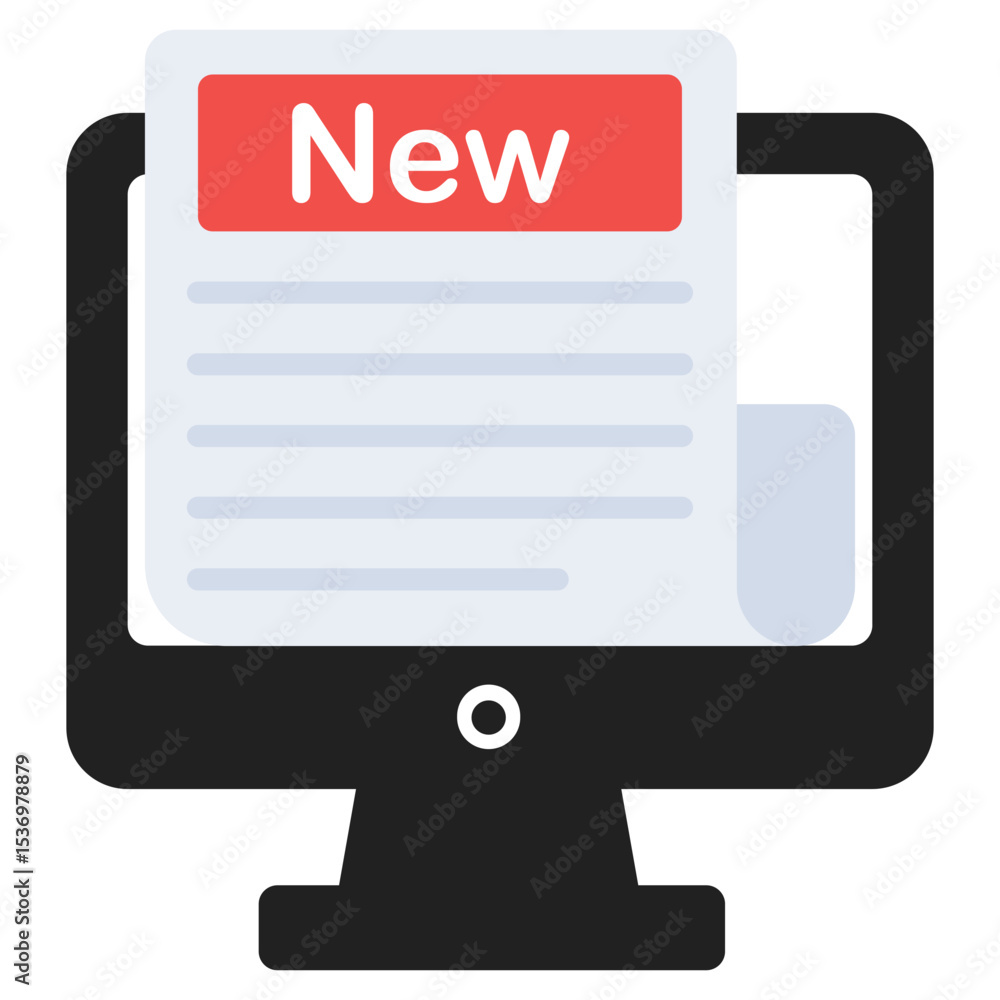 Poster computer monitor displaying new document icon symbolizing online updates, fresh content, and digital