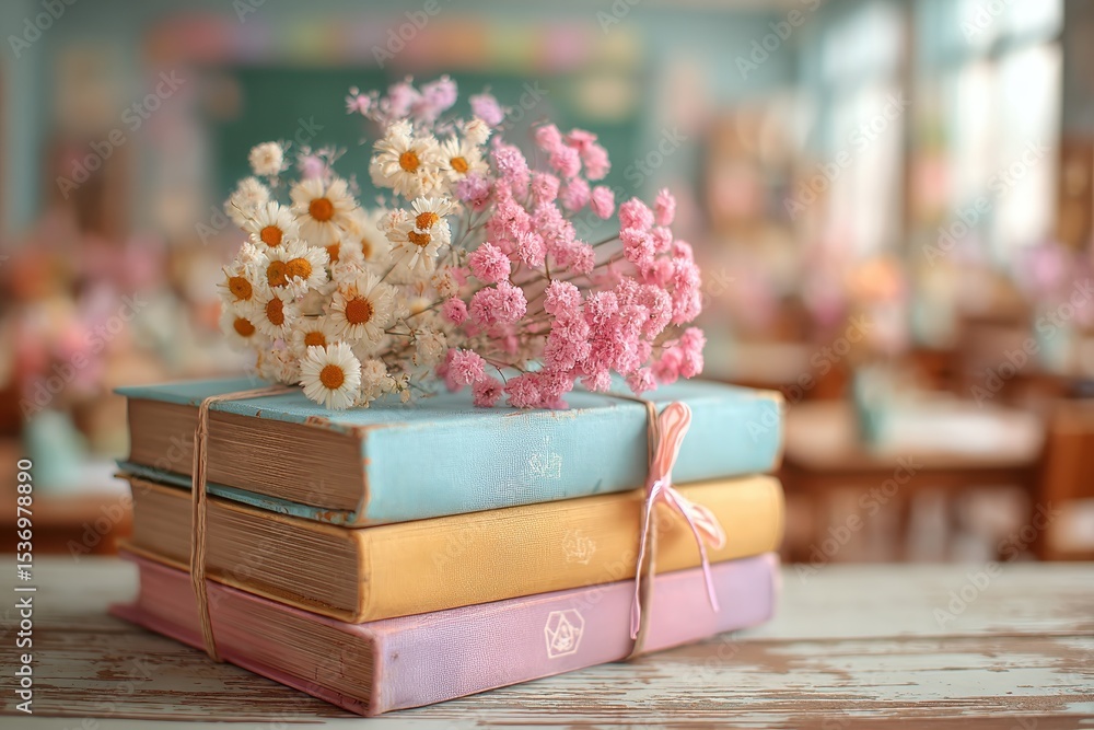 Poster a charming stack of vintage books adorned with delicate flowers, creating a nostalgic and whimsical 