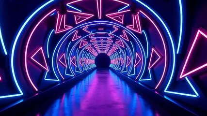 Illuminated tunnel with neon lights forming triangles and circles in a futuristic design - Powered by Adobe
