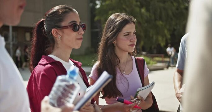 A diverse group of young college students gather on a university campus for an engaging discussion. They share ideas, foster friendships, and pursue their education in a vibrant outdoor setting.