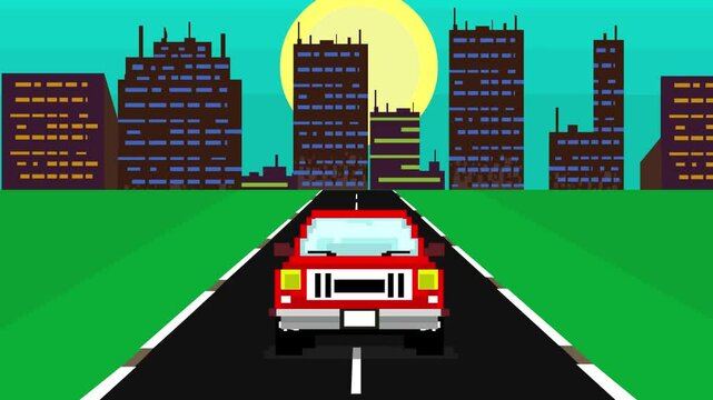 Animated video of a car in pixel art style on the road with buildings, art, game.