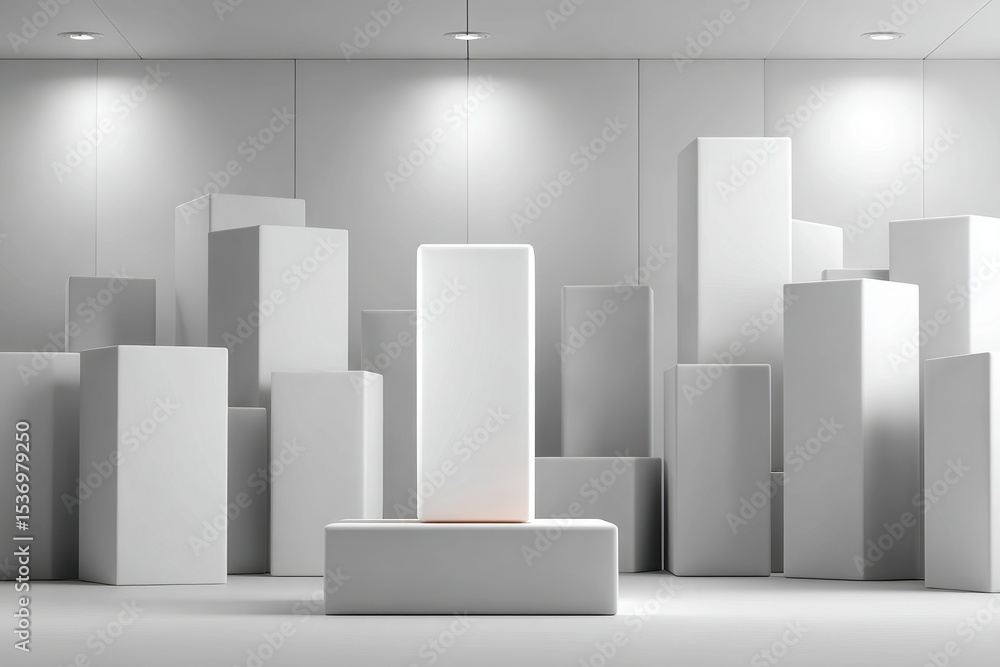 Poster an abstract architectural composition featuring minimalist white geometric shapes, creating a modern