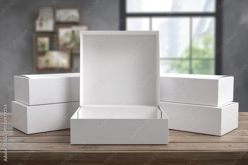 Poster a clean and modern presentation featuring several white boxes, some stacked, with one box open, all 