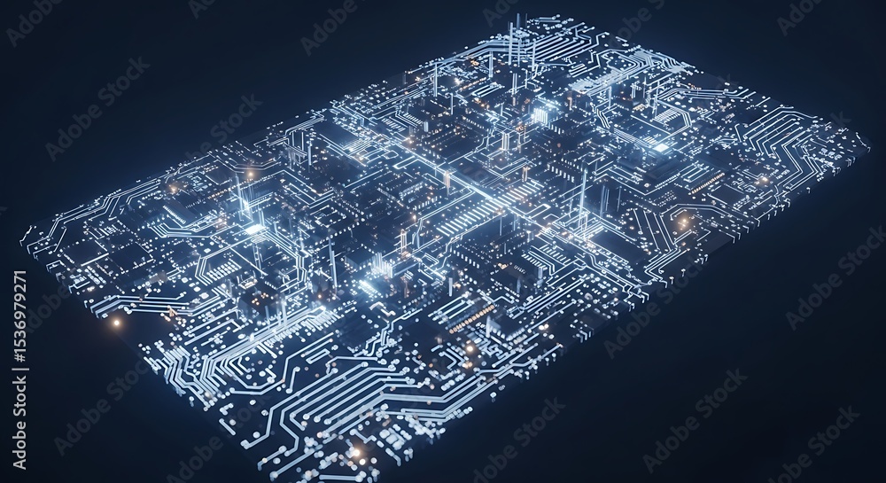 Poster illuminated circuit board pattern on dark background